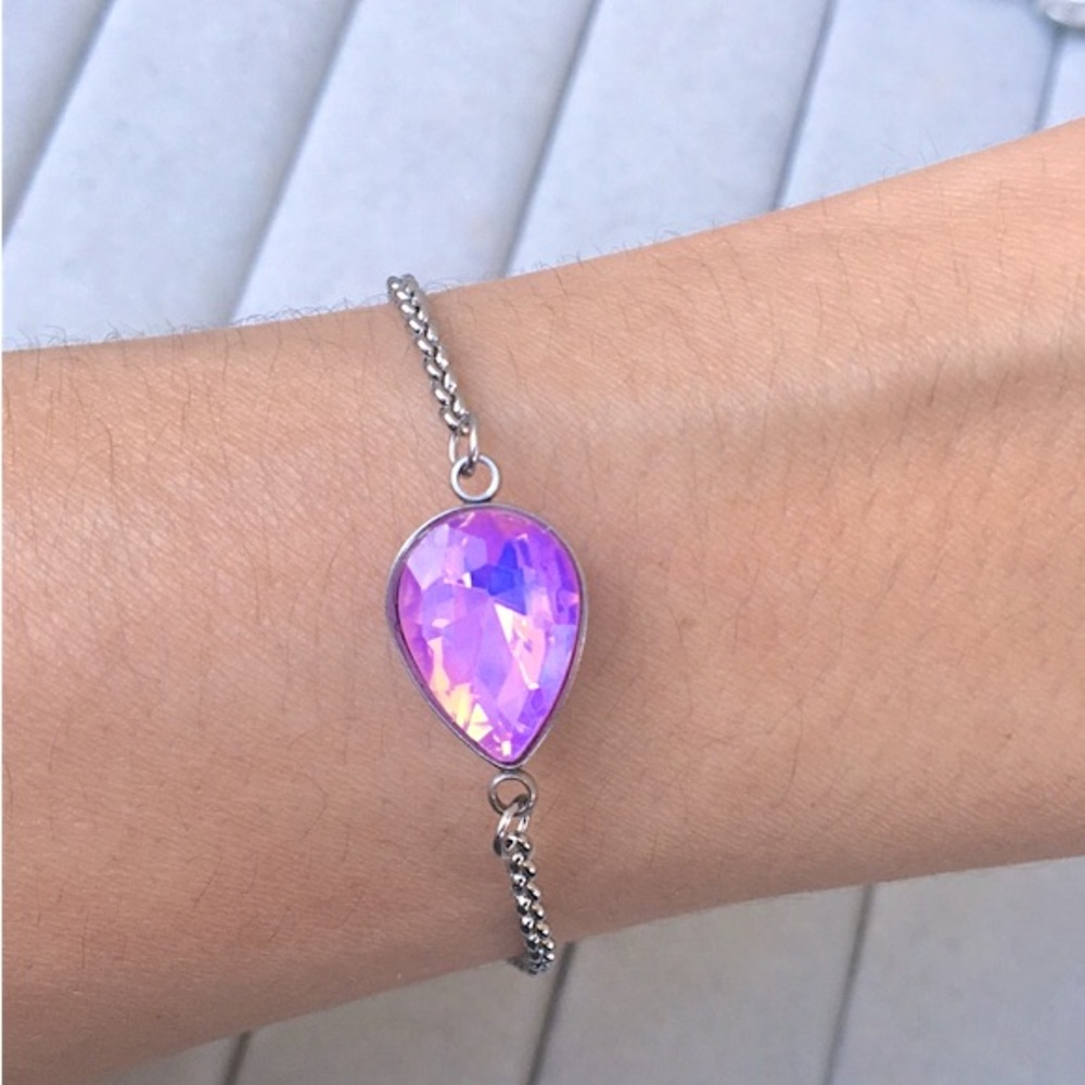 Pink-Purple Opal Aurora Borealis + Stainless Steel Crystal Pear Boho Bracelet